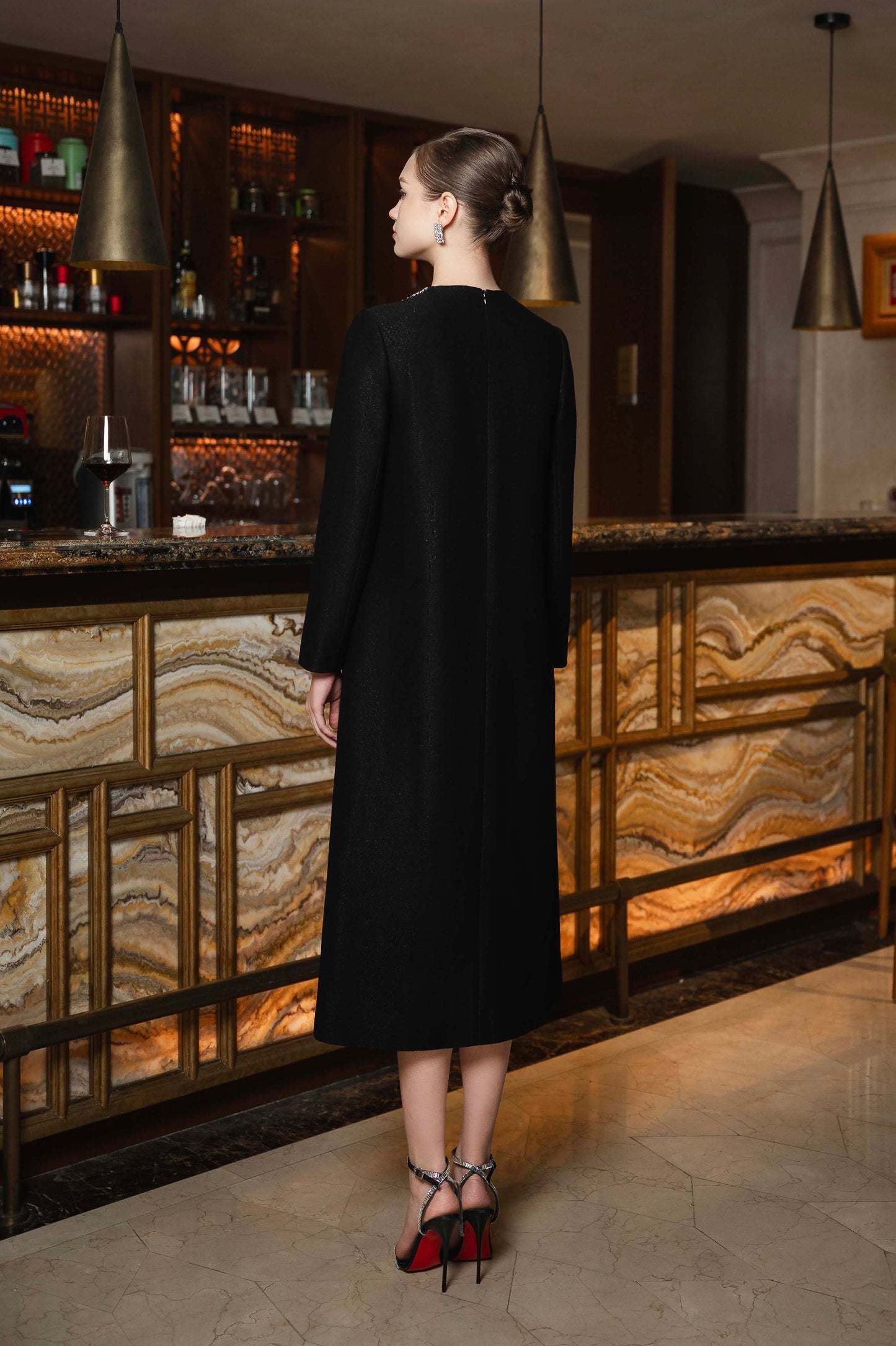 Black Luxe Pearl-Embellished Long Sleeve Evening Dress