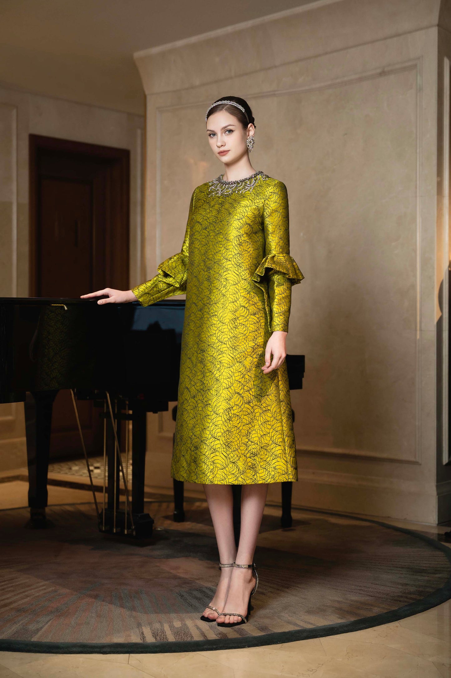 Golden Brocade A-Line Dress with Embellished Neckline