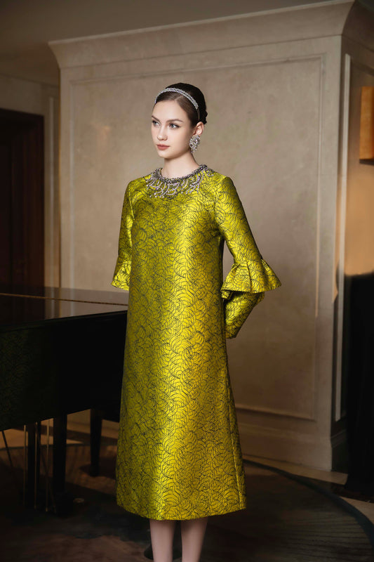 Golden Brocade A-Line Dress with Embellished Neckline