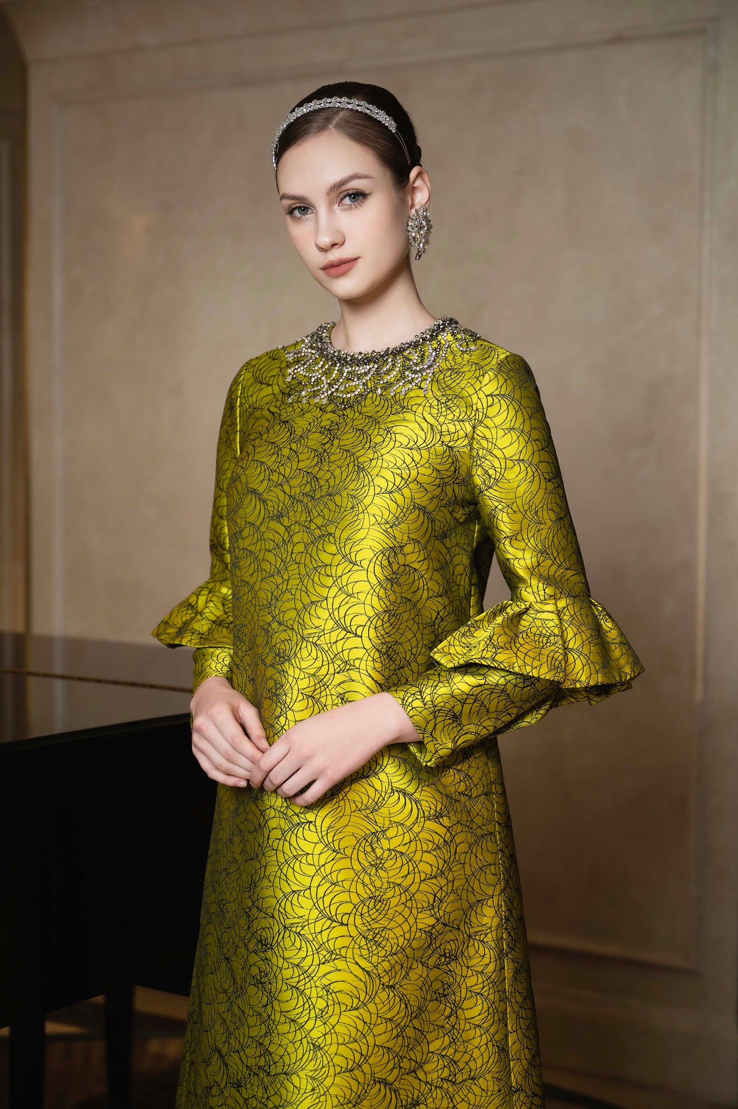 Golden Brocade A-Line Dress with Embellished Neckline