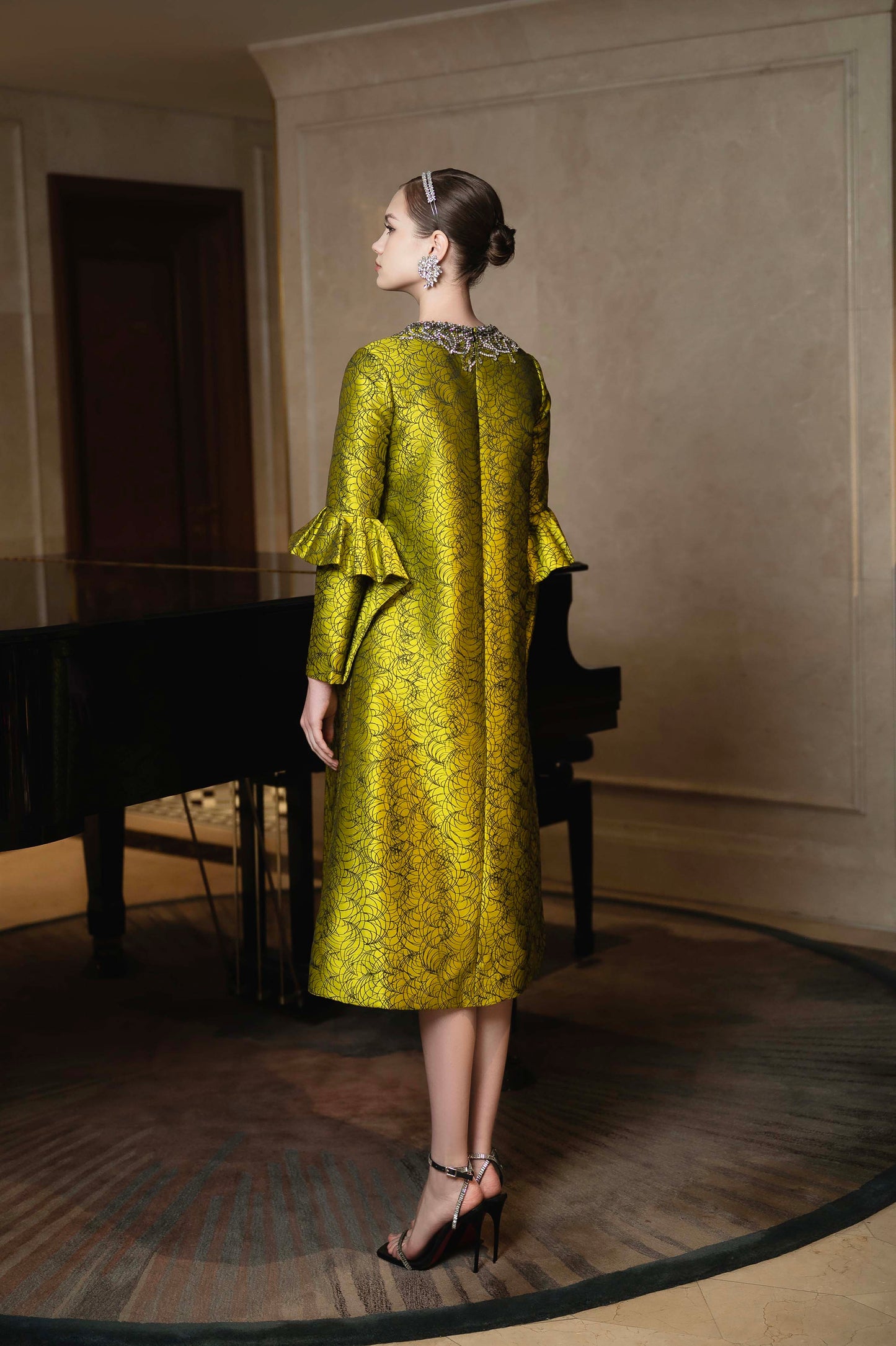 Golden Brocade A-Line Dress with Embellished Neckline