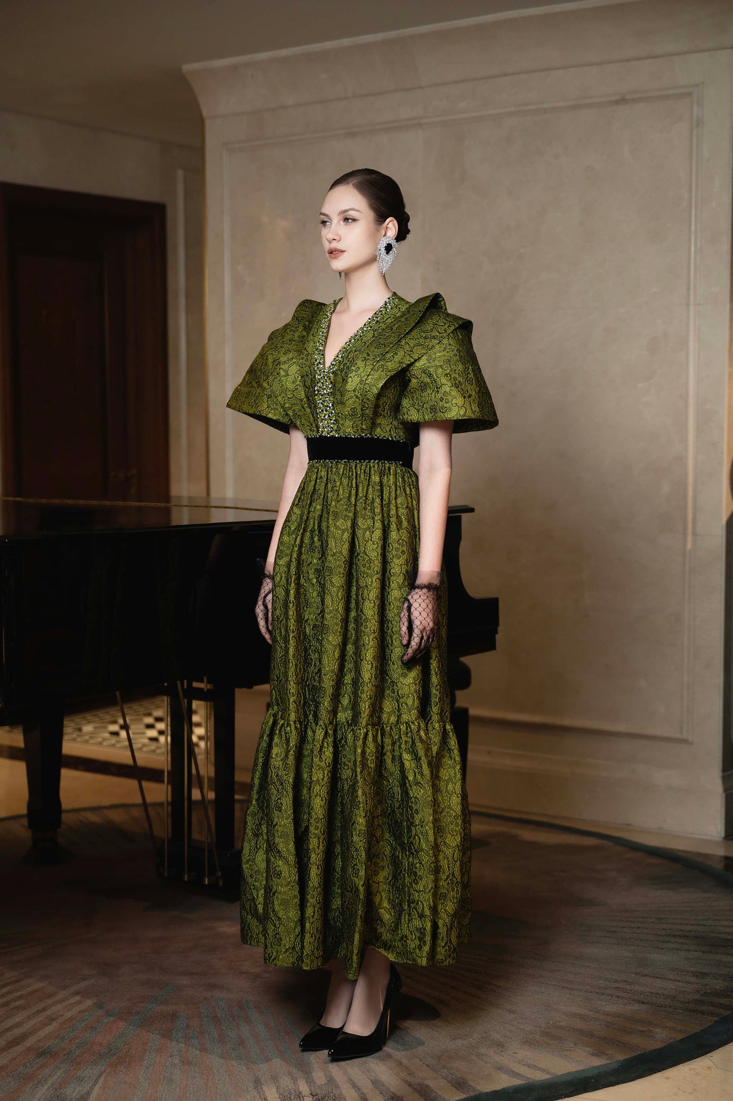Emerald Opulence Lace Gown