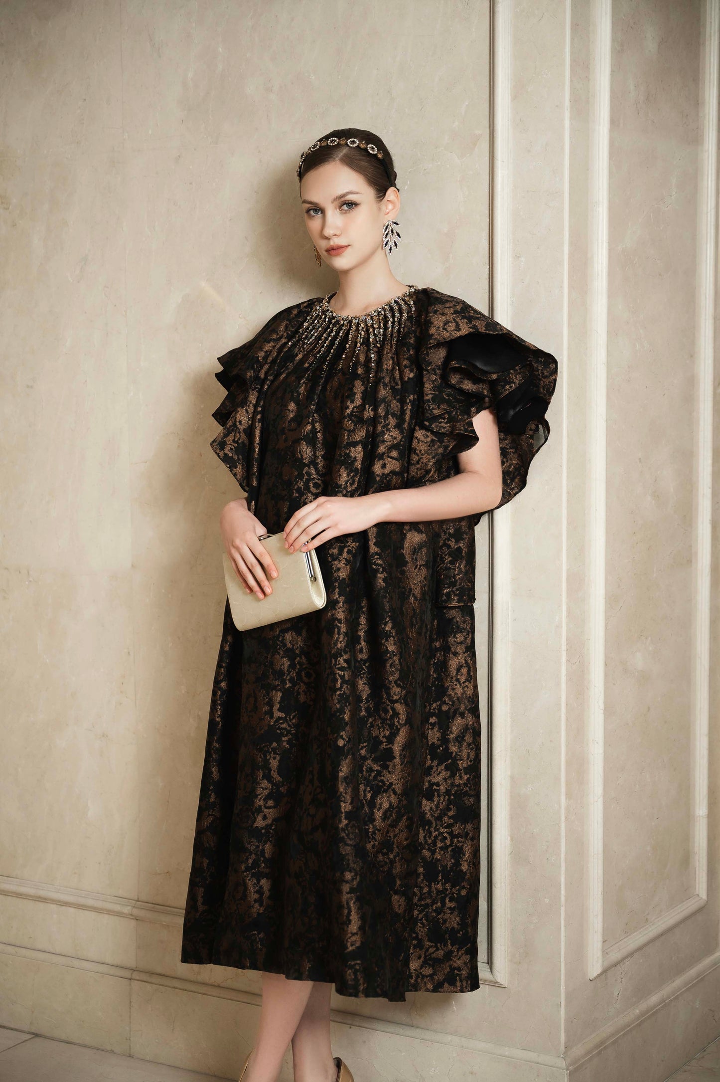 Black and Gold Brocade A-Line Dress with Ruffled Sleeves