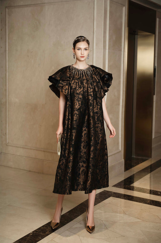 Black and Gold Brocade A-Line Dress with Ruffled Sleeves