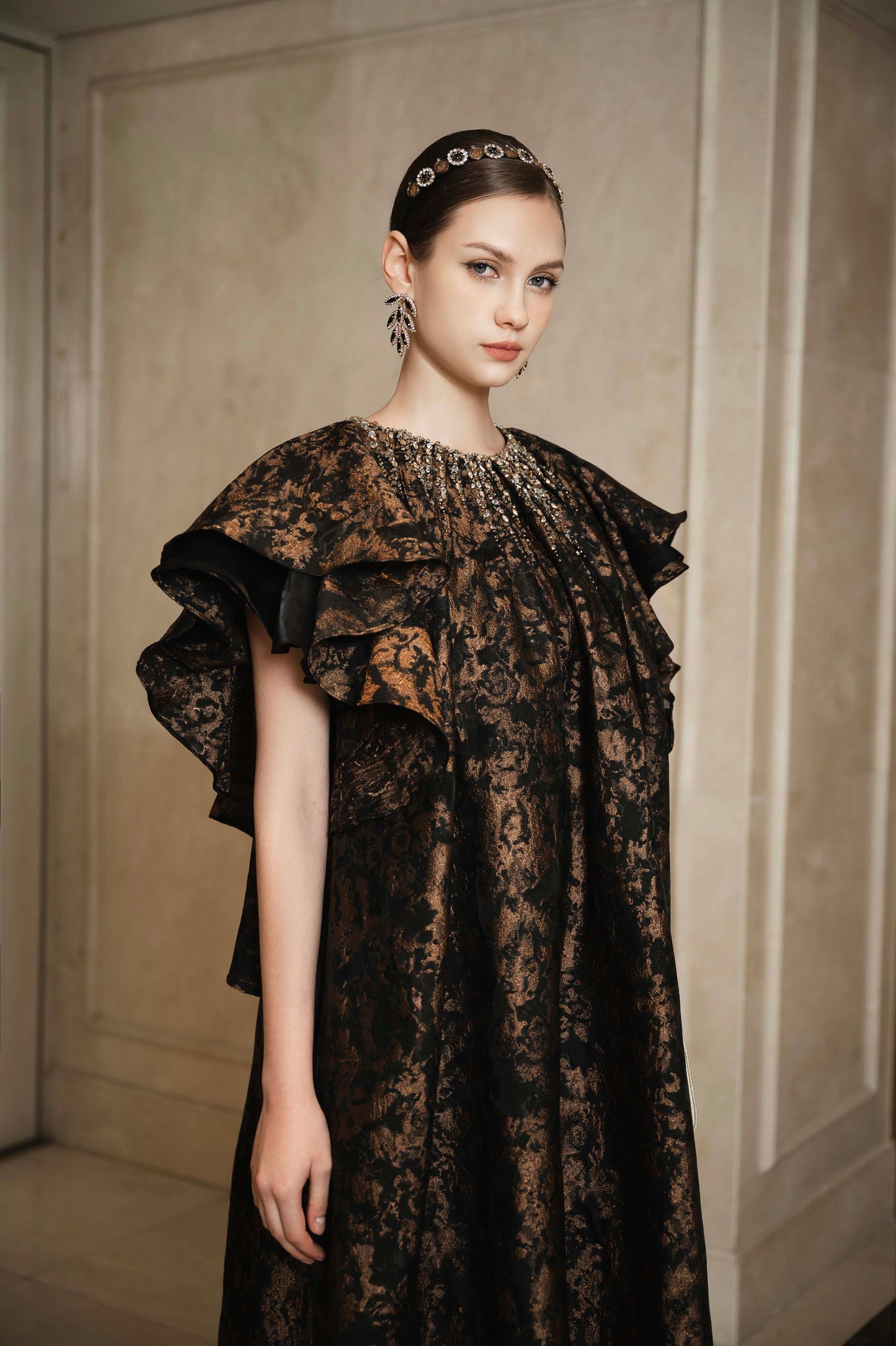 Black and Gold Brocade A-Line Dress with Ruffled Sleeves