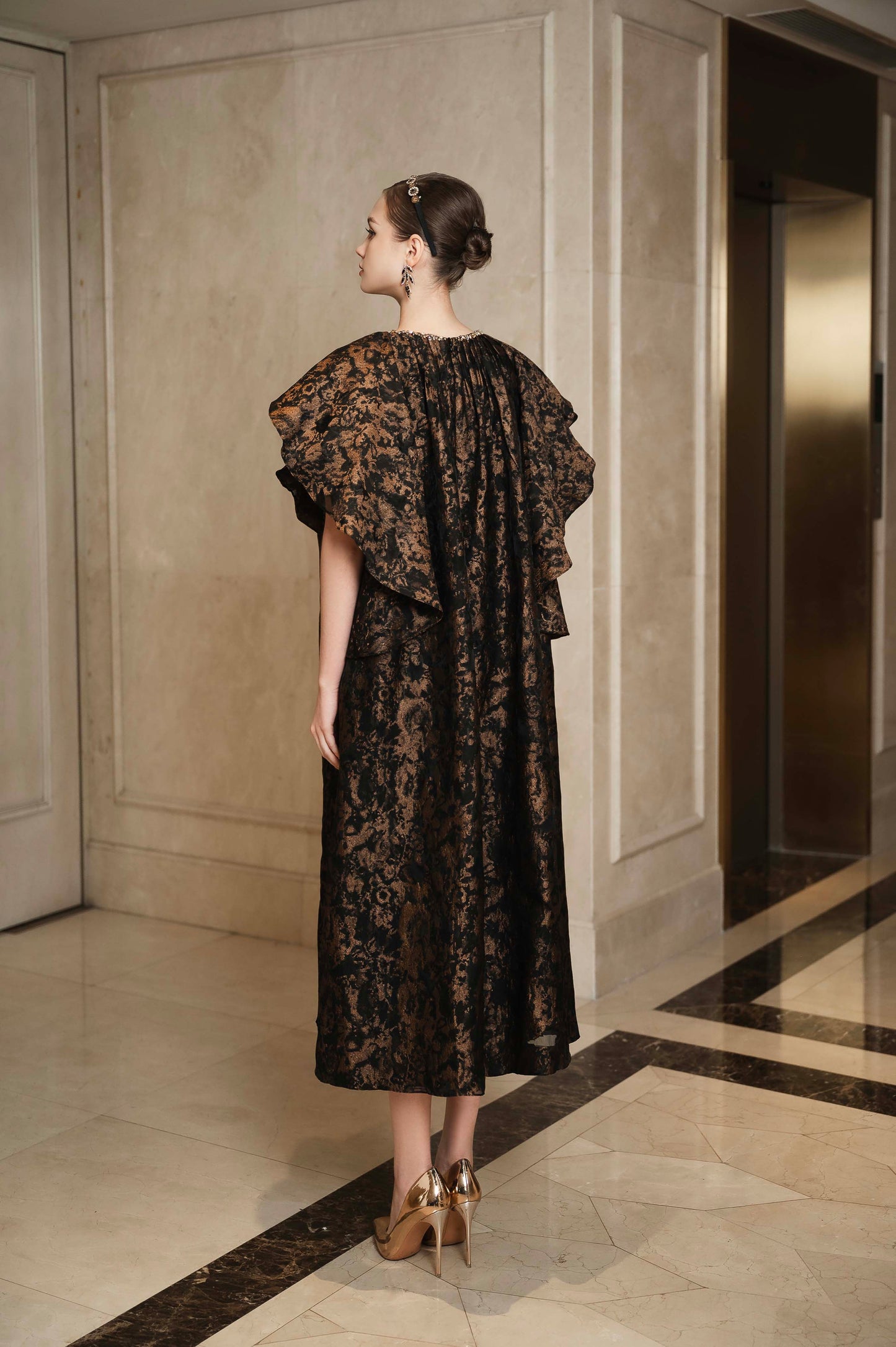 Black and Gold Brocade A-Line Dress with Ruffled Sleeves