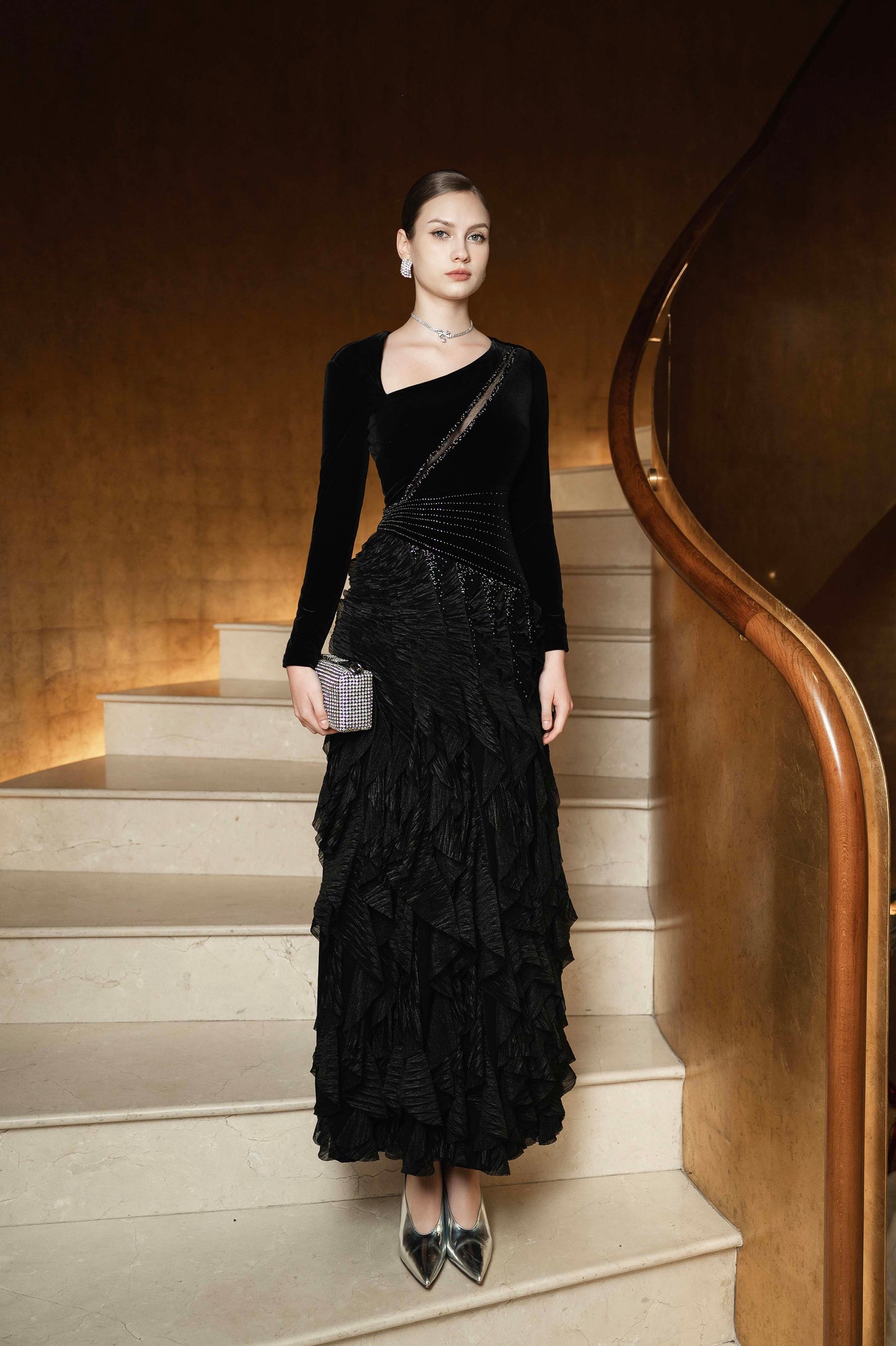 Black Velvet and Ruffled Chiffon Evening Gown