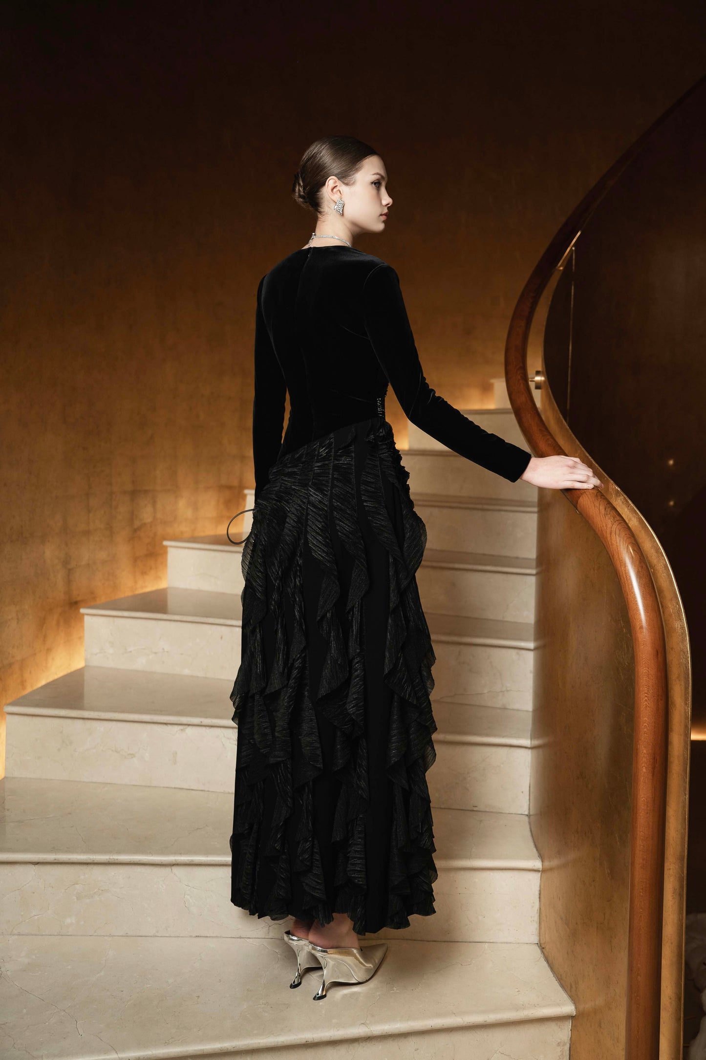 Black Velvet and Ruffled Chiffon Evening Gown