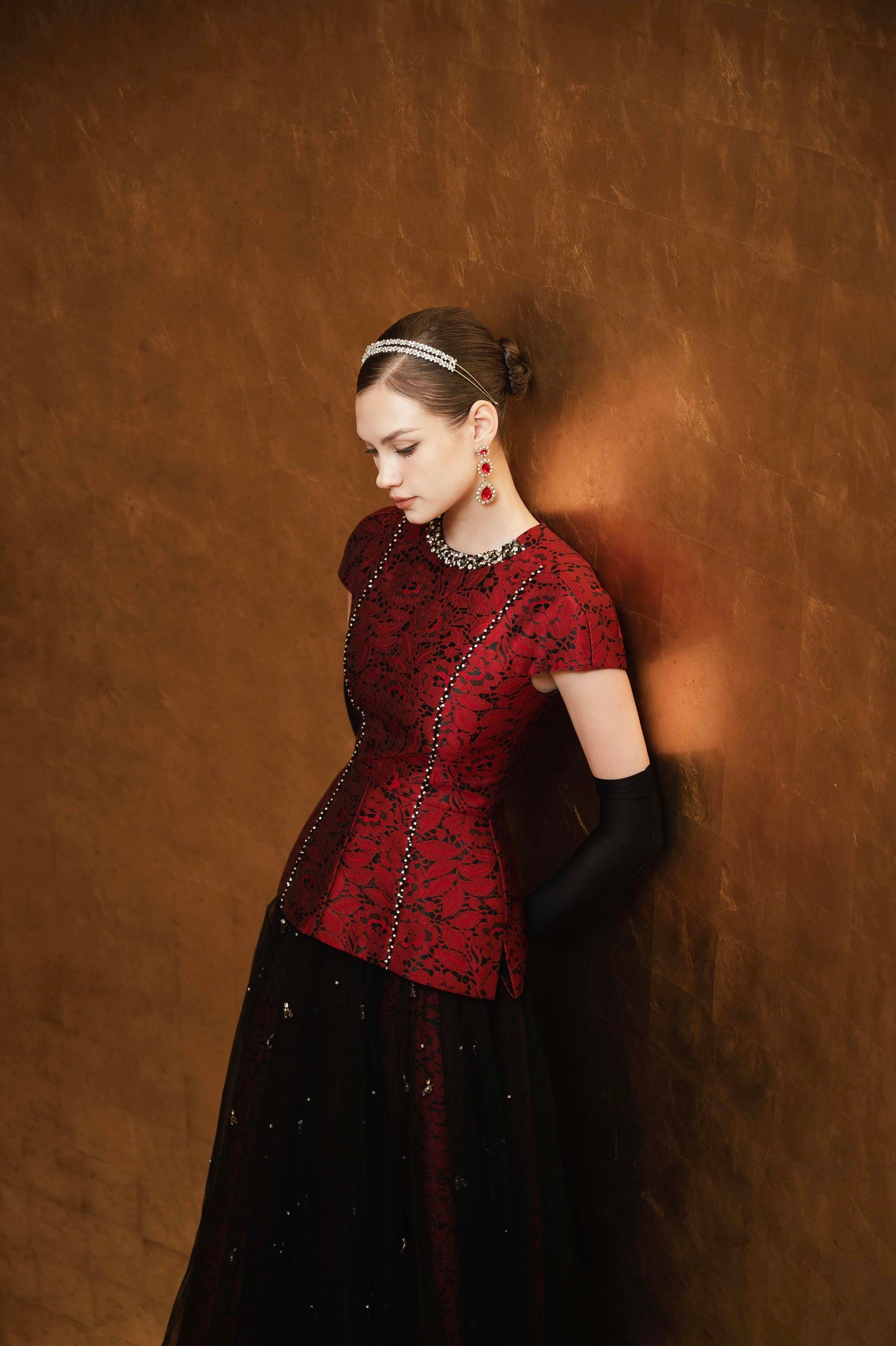 Red Brocade Peplum Top & Black Tulle Embellished Skirt Set