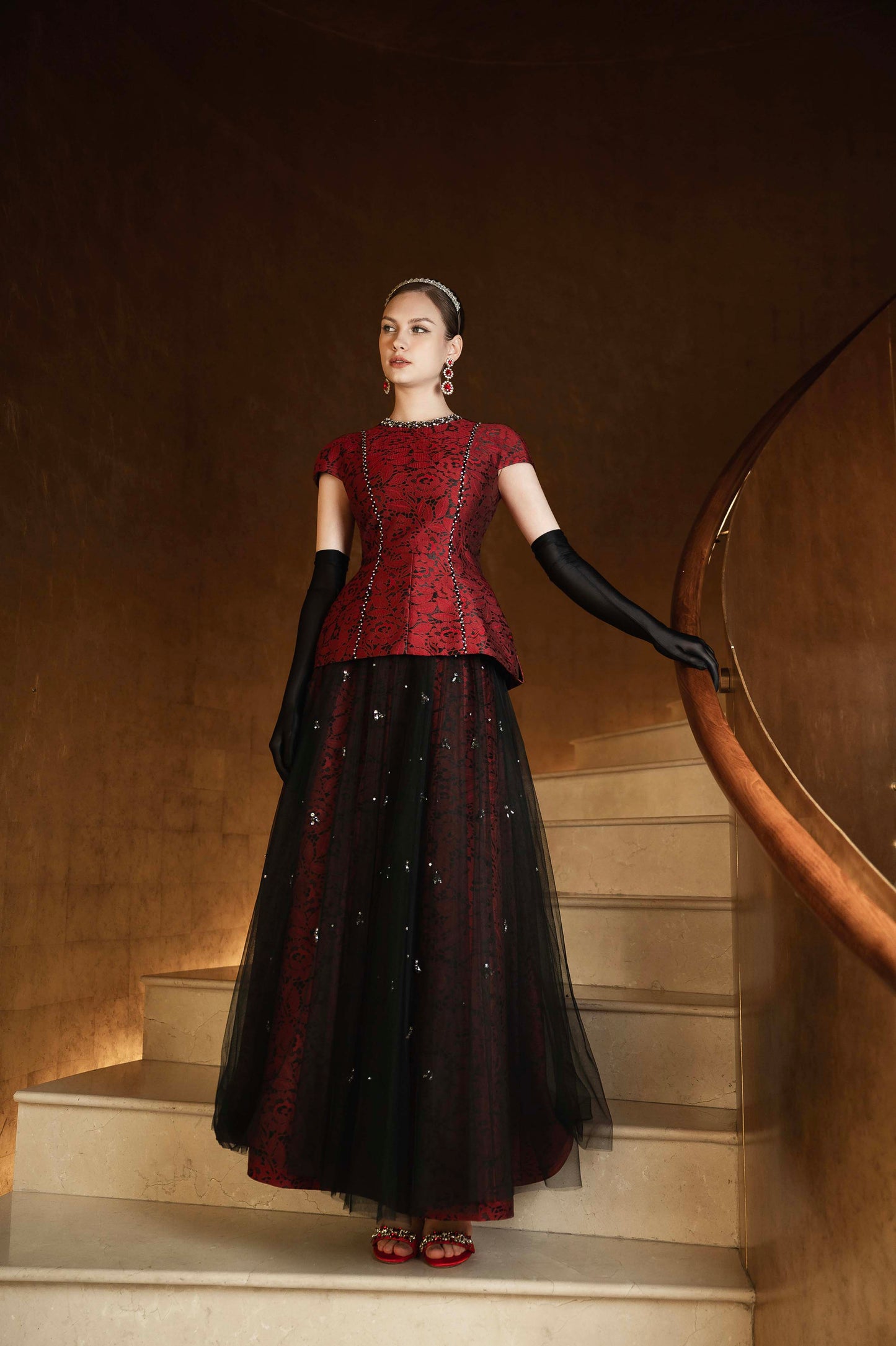 Red Brocade Peplum Top & Black Tulle Embellished Skirt Set
