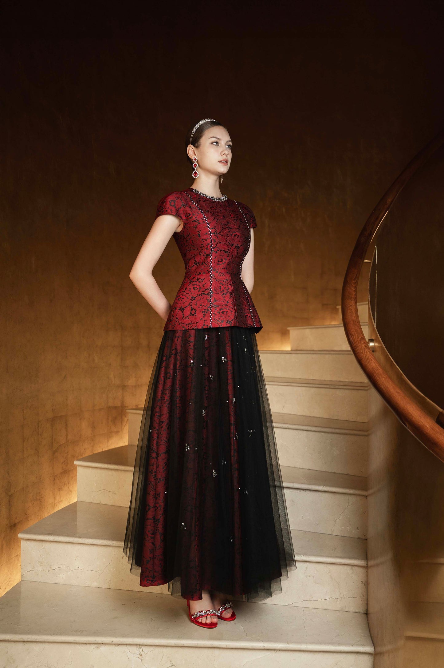 Red Brocade Peplum Top & Black Tulle Embellished Skirt Set