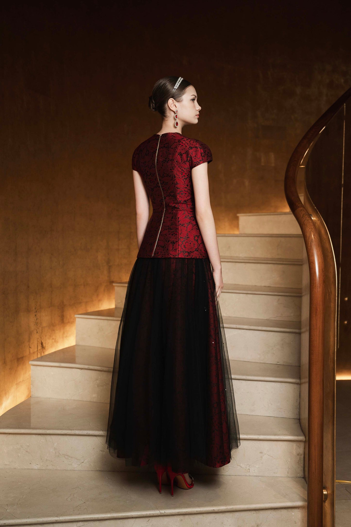 Red Brocade Peplum Top & Black Tulle Embellished Skirt Set