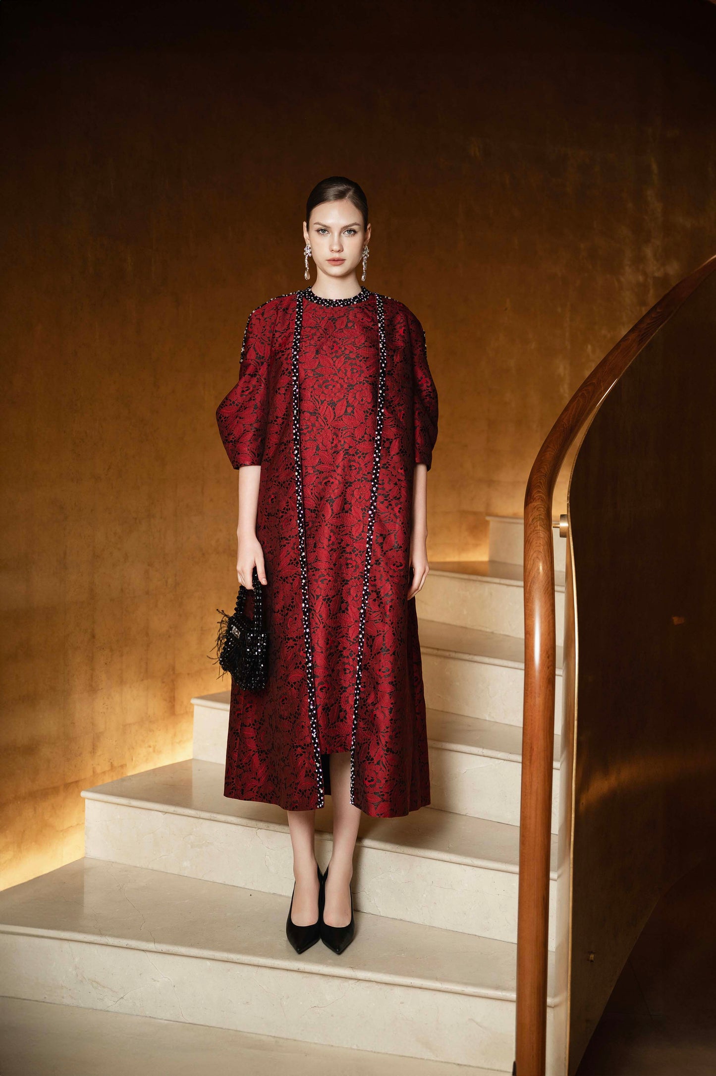 Red Brocade Midi Dress & Embellished Open-Front Coat Set