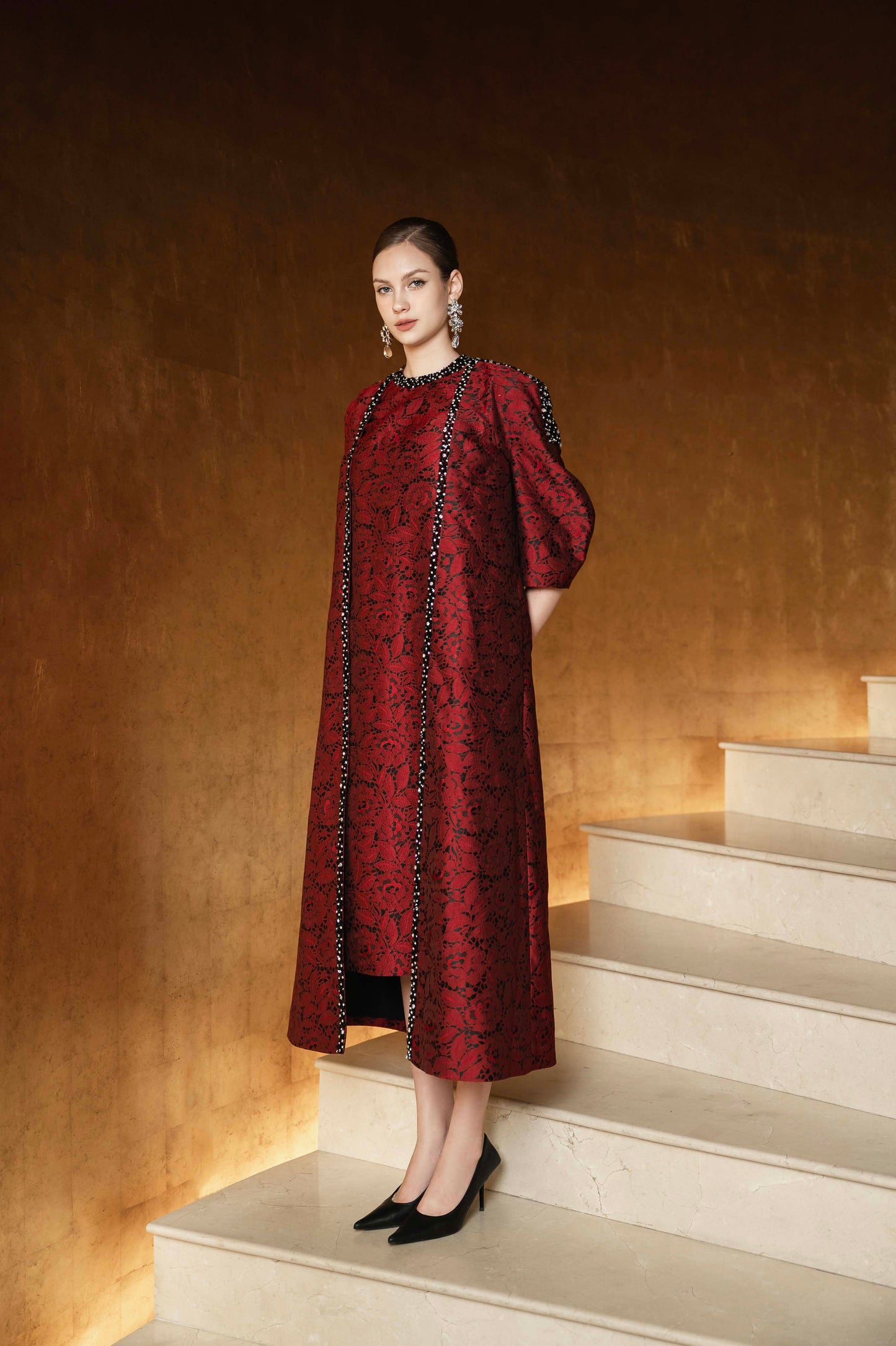Red Brocade Midi Dress & Embellished Open-Front Coat Set