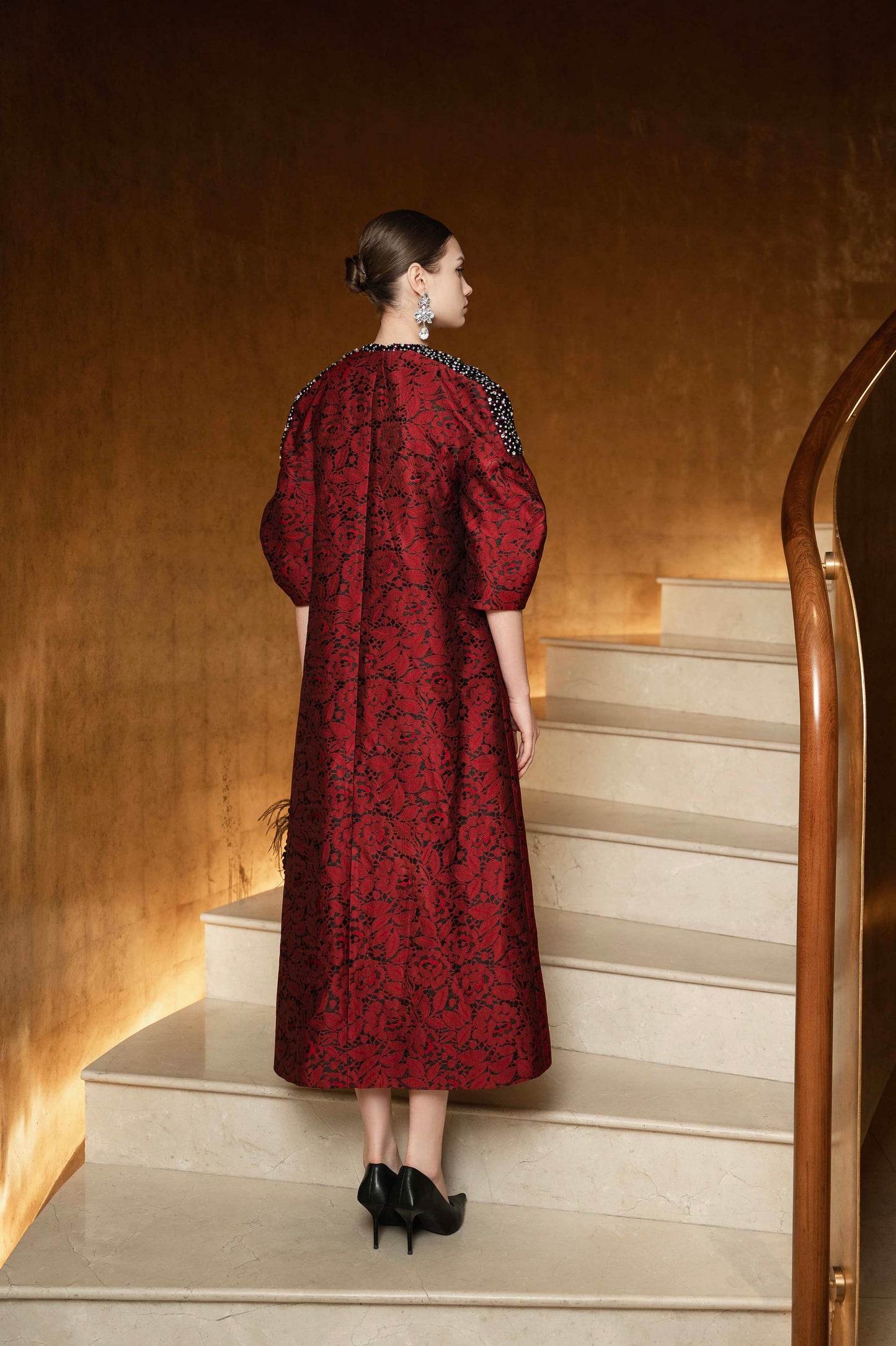 Red Brocade Midi Dress & Embellished Open-Front Coat Set