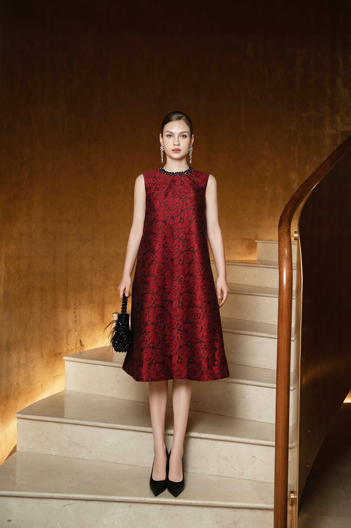 Red Brocade Midi Dress & Embellished Open-Front Coat Set