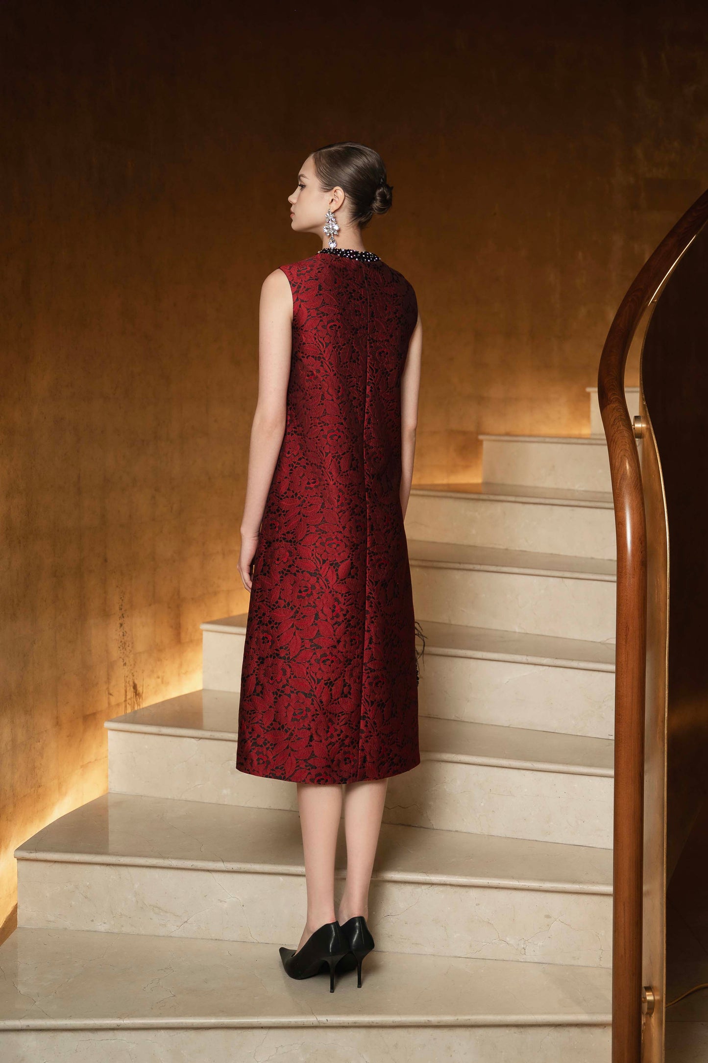 Red Brocade Midi Dress & Embellished Open-Front Coat Set