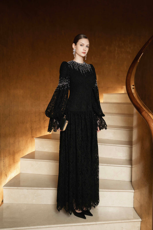 Black Lace Gown with Beaded Embellishments and Dramatic Sleeves