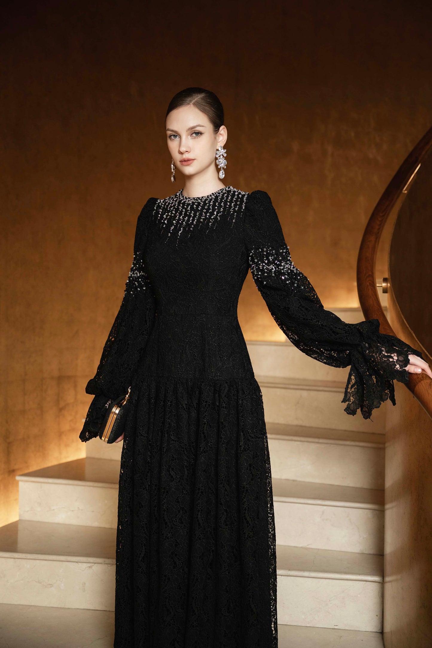 Black Lace Gown with Beaded Embellishments and Dramatic Sleeves