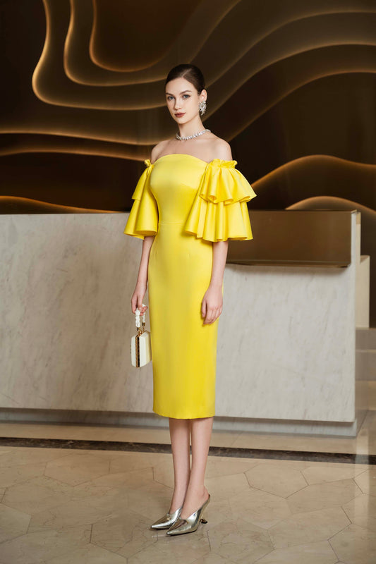 Yellow Off-Shoulder Ruffle Sleeve Midi Dress