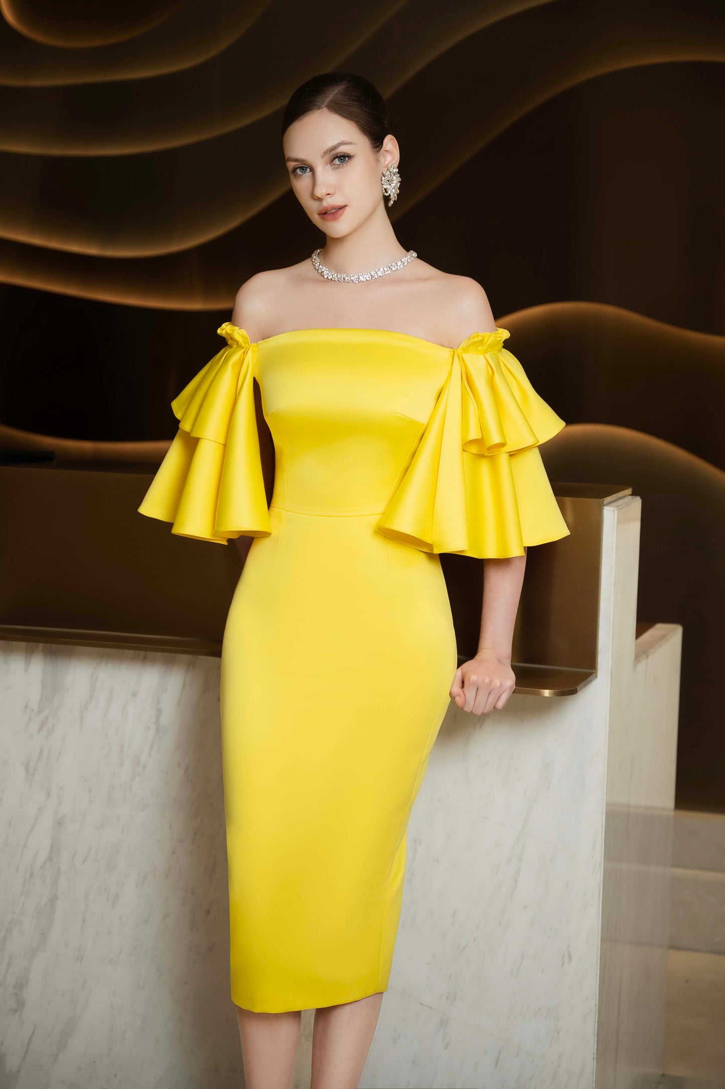 Yellow Off-Shoulder Ruffle Sleeve Midi Dress