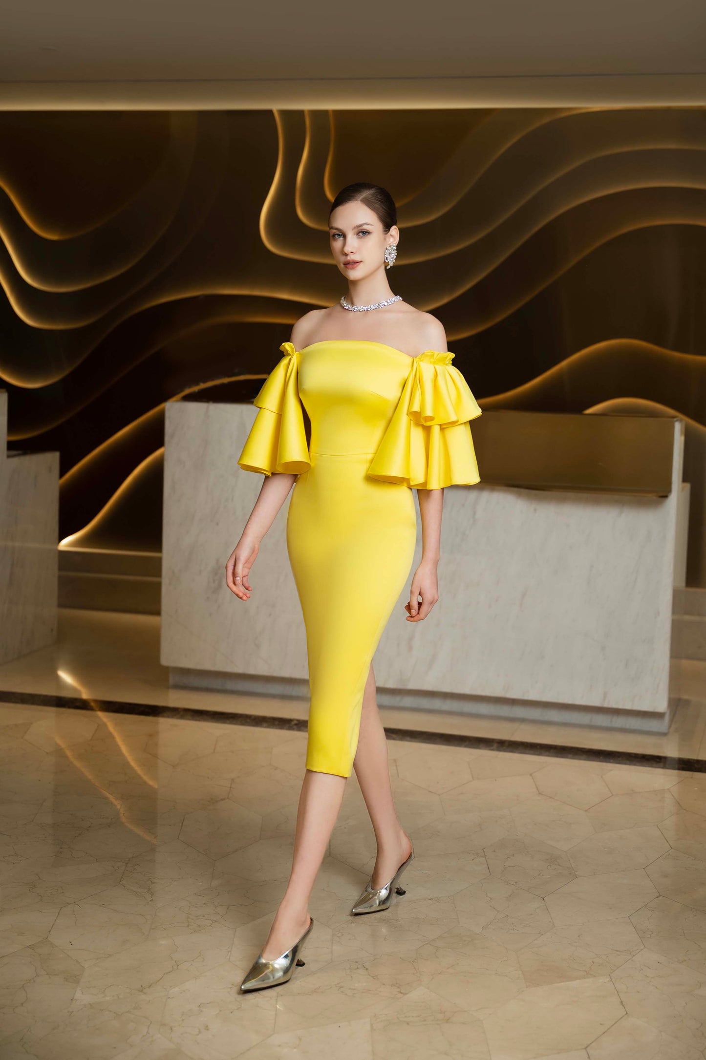 Yellow Off-Shoulder Ruffle Sleeve Midi Dress