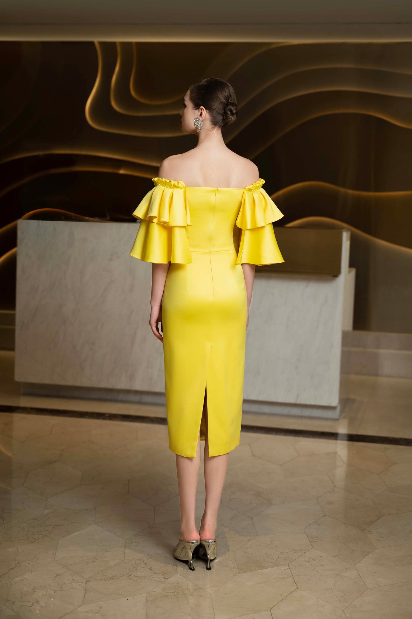 Yellow Off-Shoulder Ruffle Sleeve Midi Dress