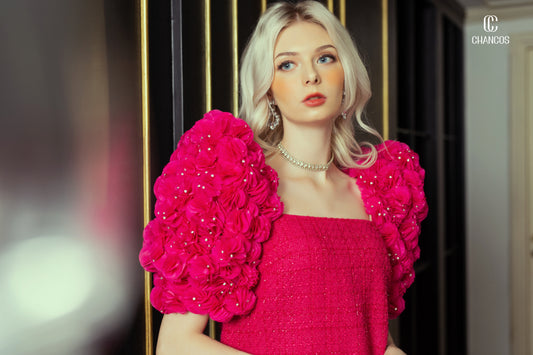 Hot Pink Tweed Dress with 3D Floral Puff Sleeves