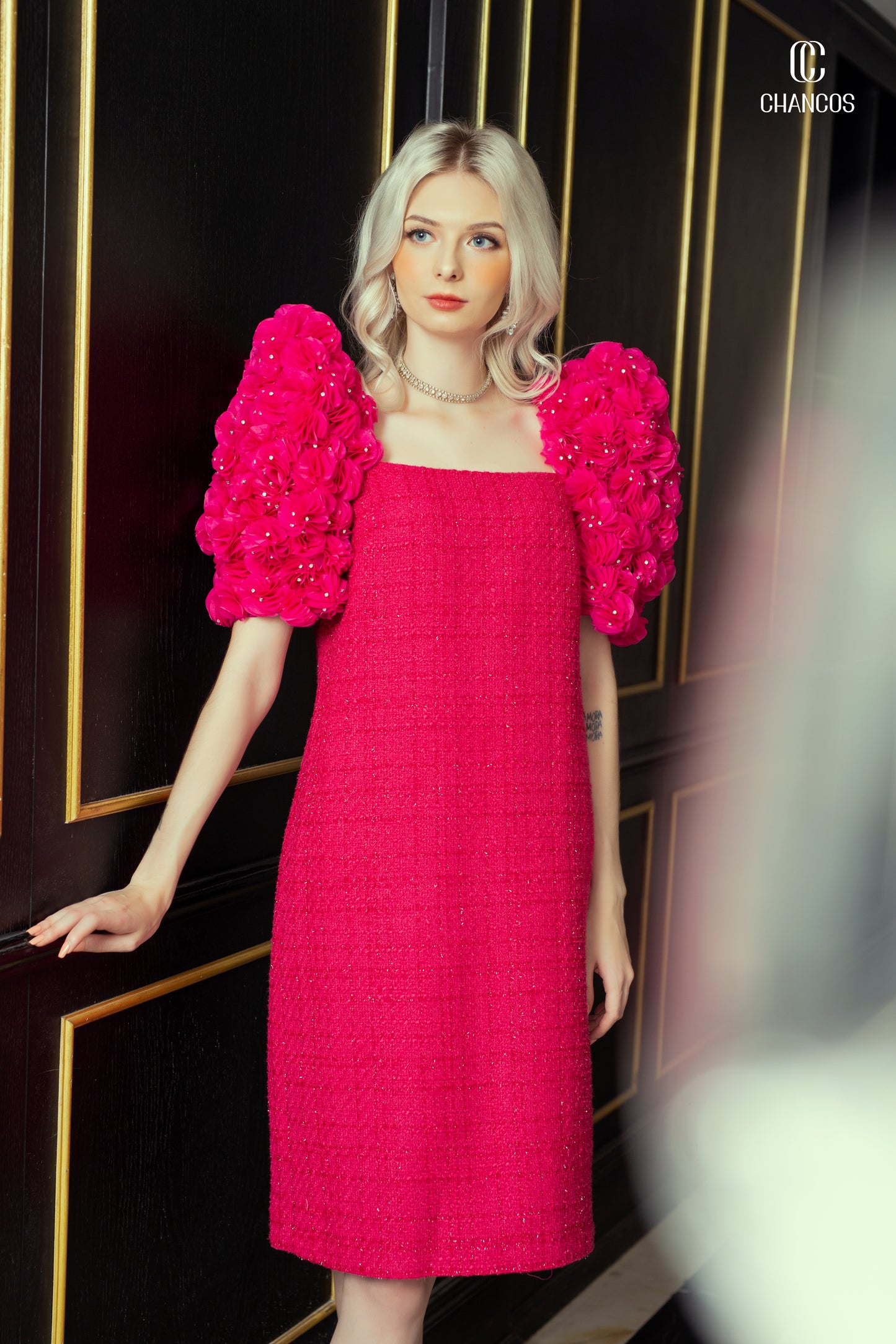 Hot Pink Tweed Dress with 3D Floral Puff Sleeves