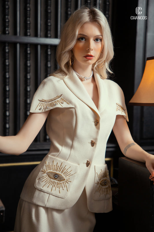 Embroidered Ivory Suit Set - Short Sleeve Jacket and Midi Skirt