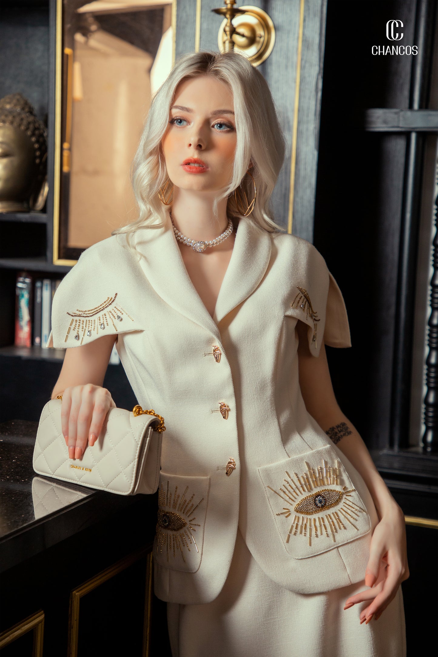 Embroidered Ivory Suit Set - Short Sleeve Jacket and Midi Skirt