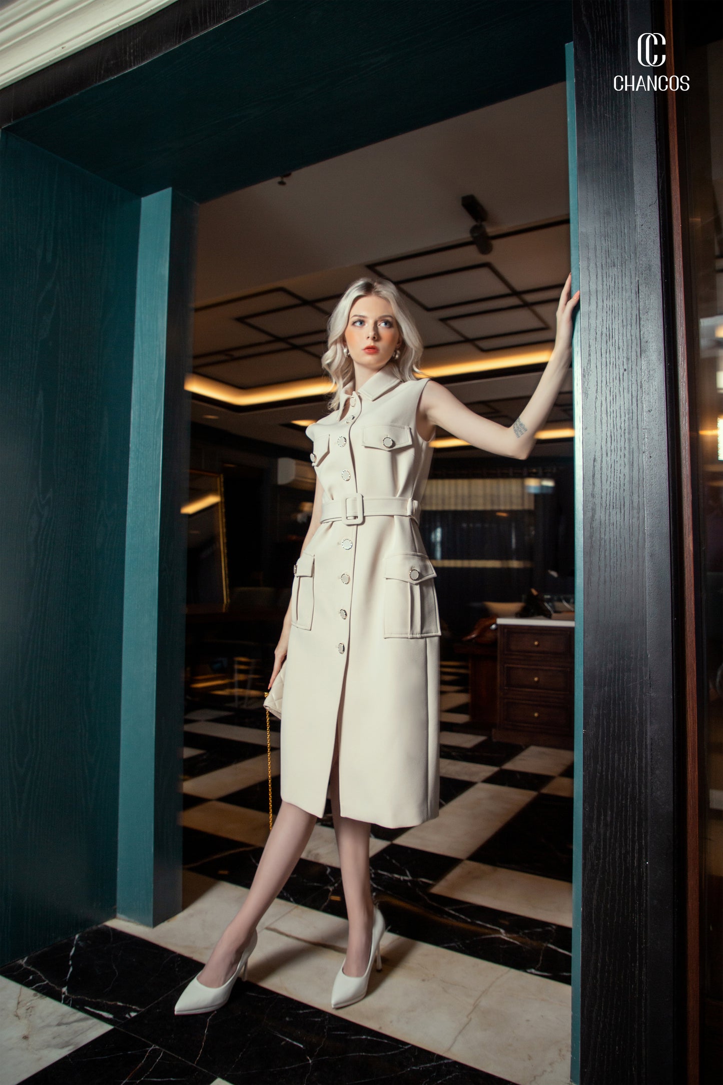 Sleeveless Trench Dress with Belted Waist and Pocket Detail