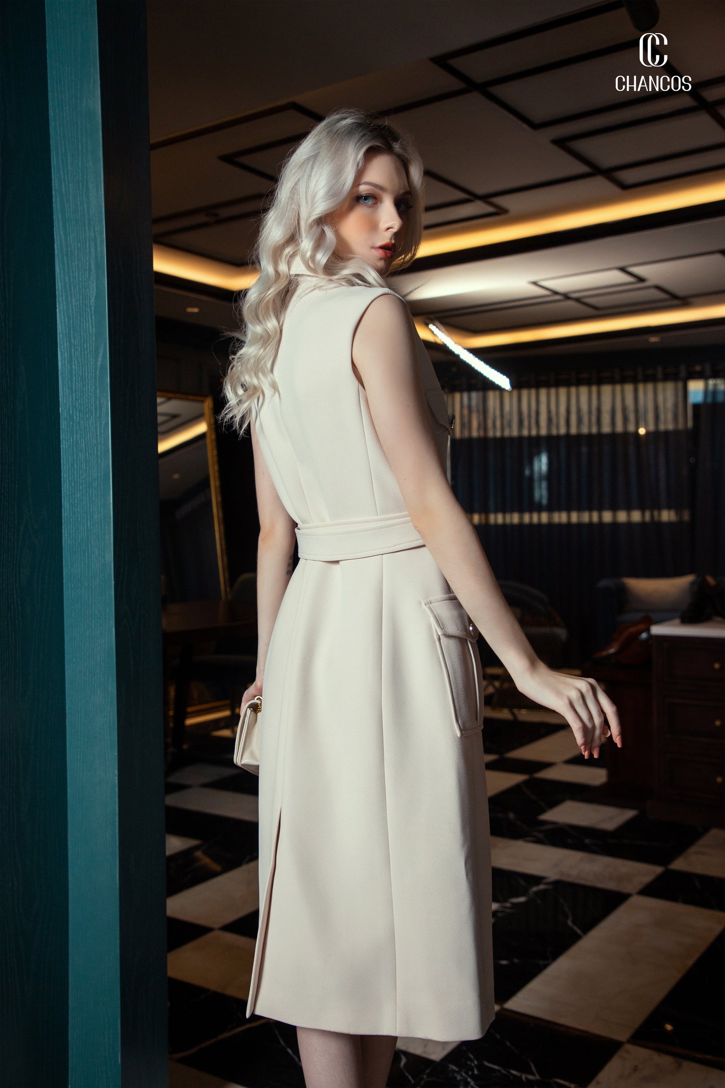 Sleeveless Trench Dress with Belted Waist and Pocket Detail