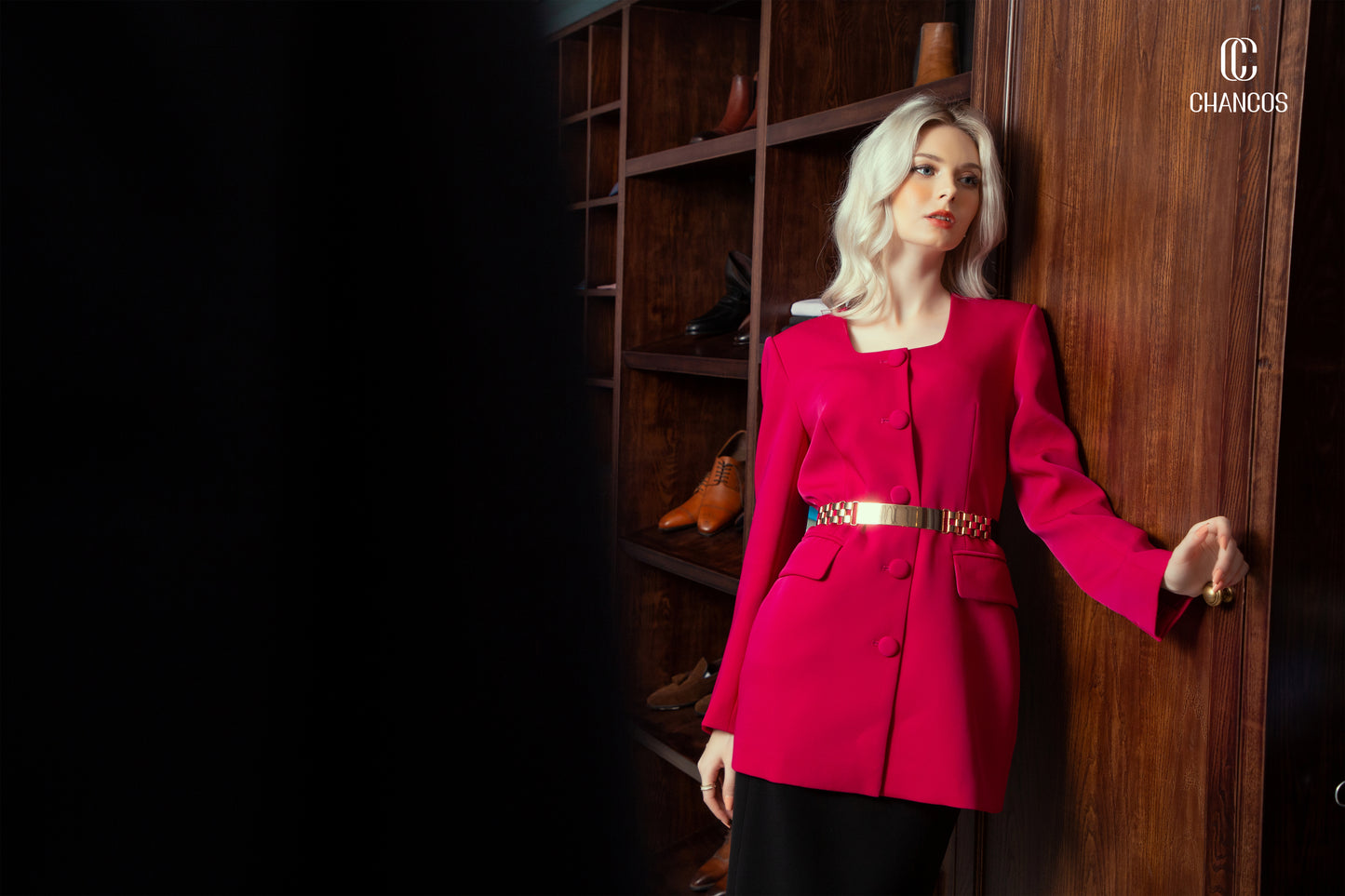 Fuchsia Blazer with Gold Belt and Black Pencil Skirt Set