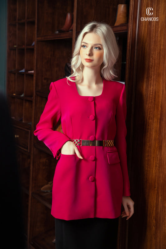 Fuchsia Blazer with Gold Belt and Black Pencil Skirt Set