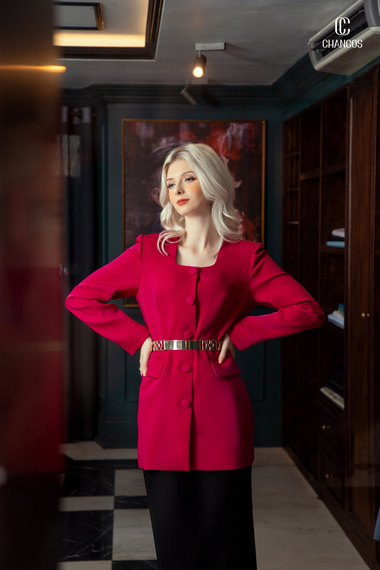 Fuchsia Blazer with Gold Belt and Black Pencil Skirt Set