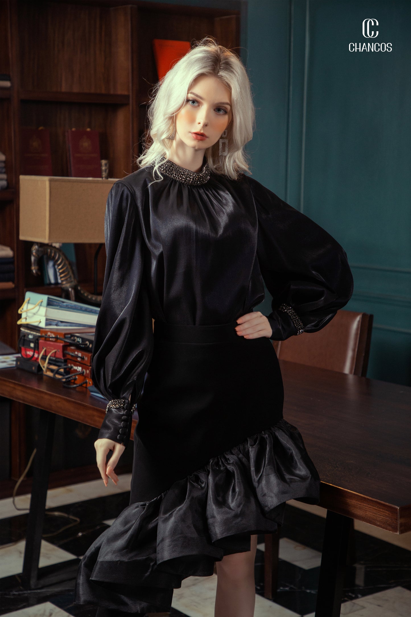Black Satin Blouse with Embellished Collar and Ruffled Hem Skirt