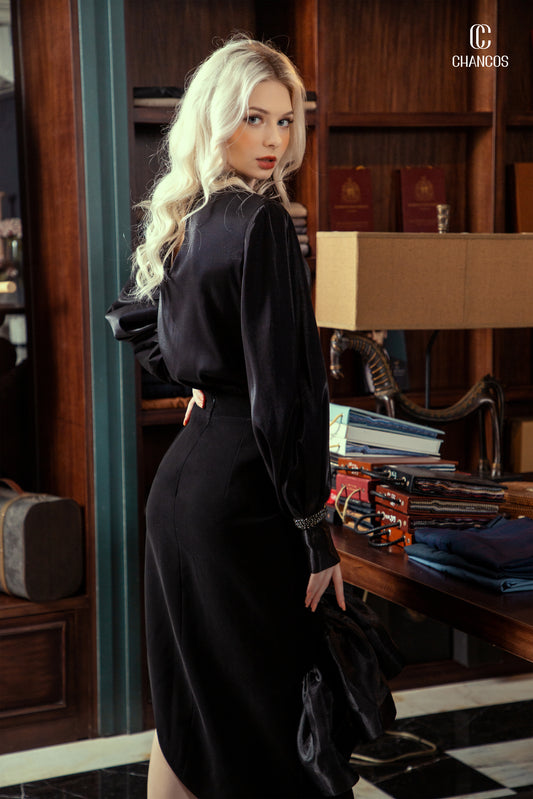 Black Satin Blouse with Embellished Collar and Ruffled Hem Skirt