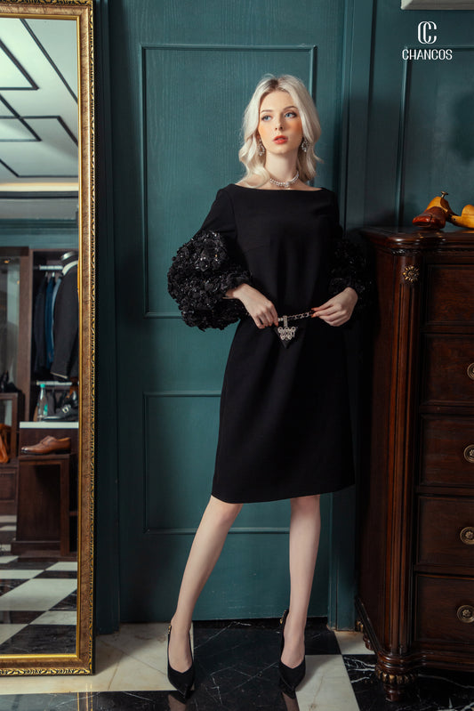 Black Dress with Statement Embellished Sleeve
