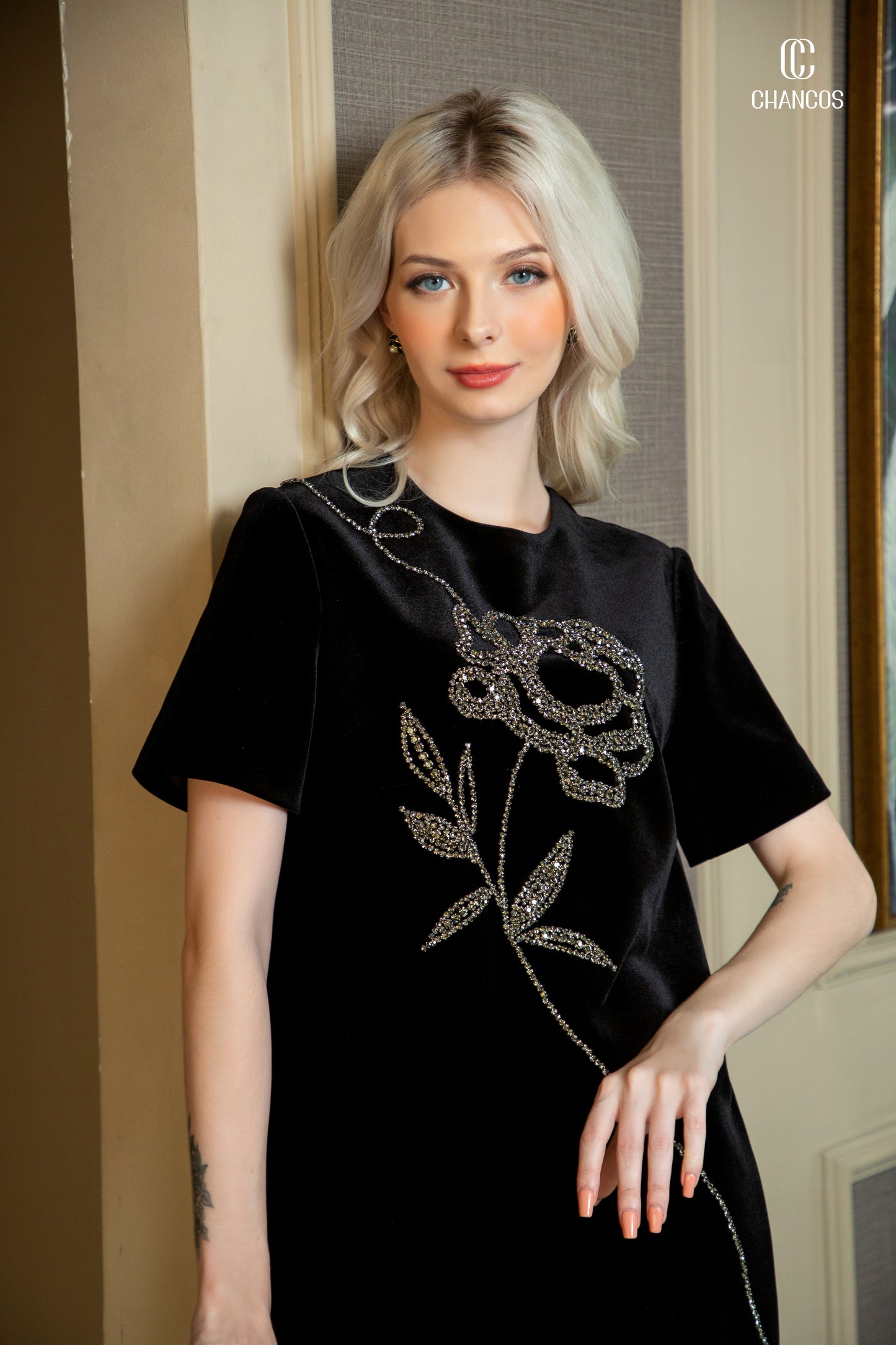 Black Velvet Dress with Embellished Floral Design