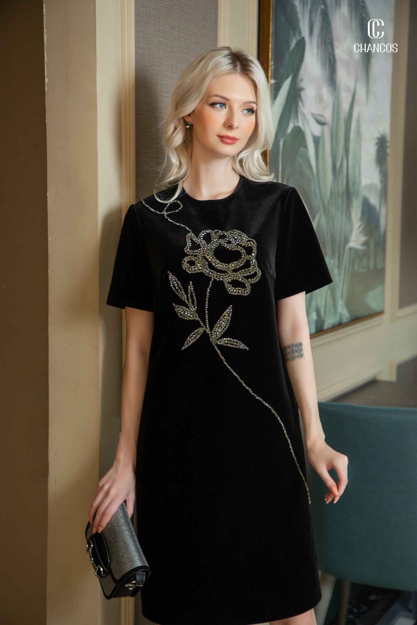 Black Velvet Dress with Embellished Floral Design