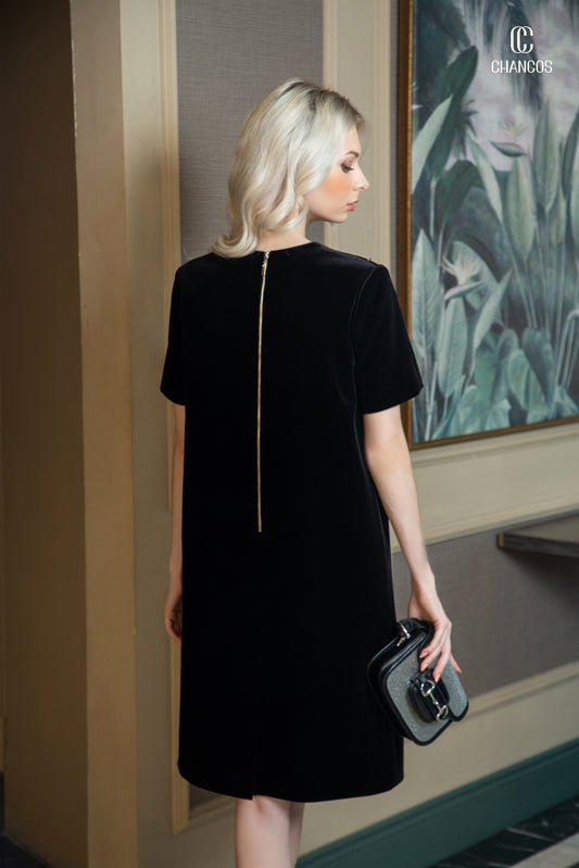 Black Velvet Dress with Embellished Floral Design