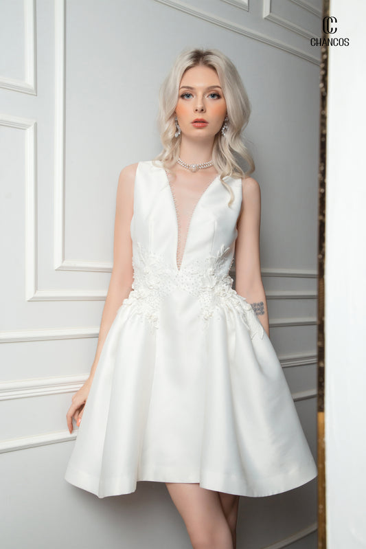 Ivory A-Line Dress with Floral Appliqué and Deep V-Neck