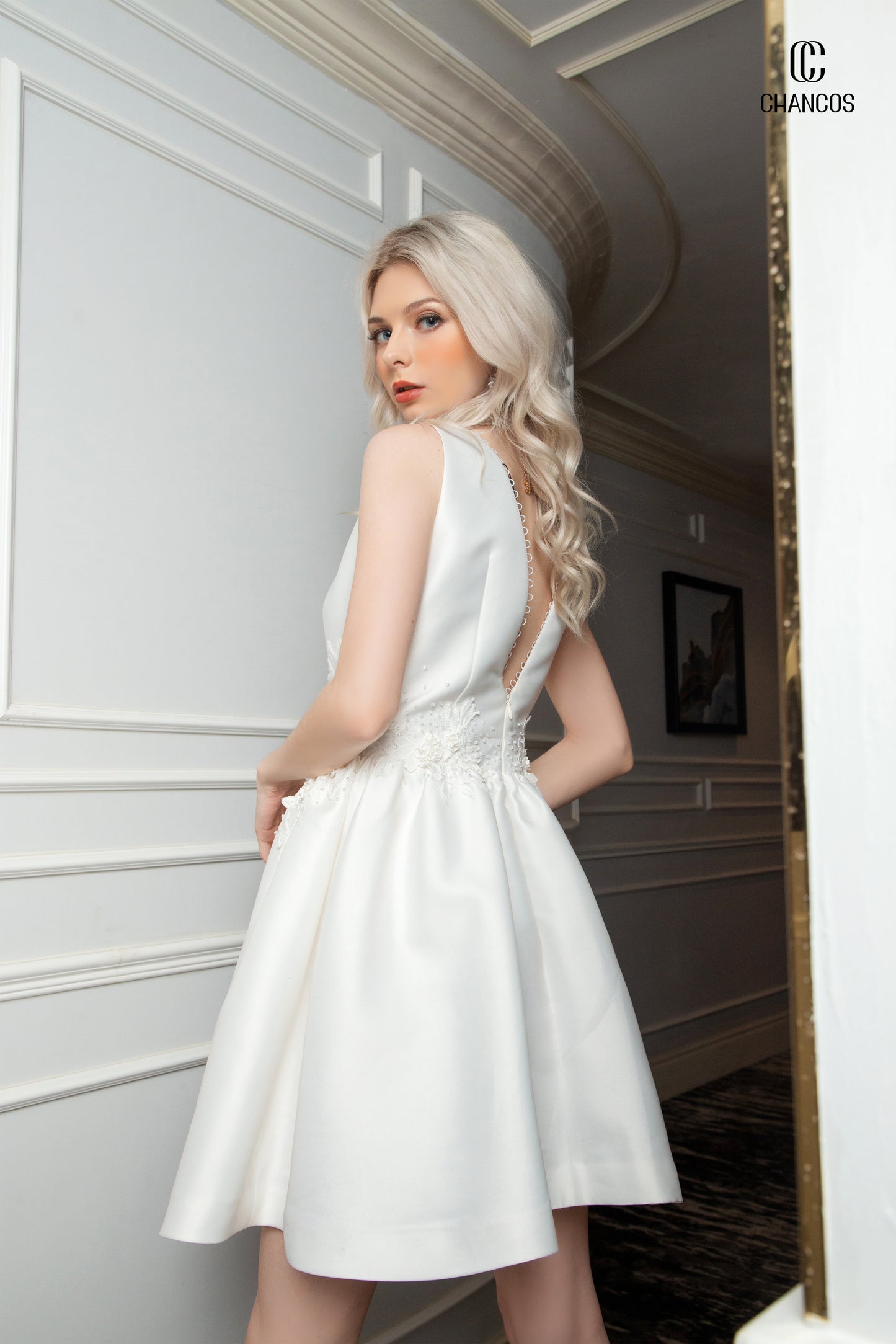 Ivory A-Line Dress with Floral Appliqué and Deep V-Neck