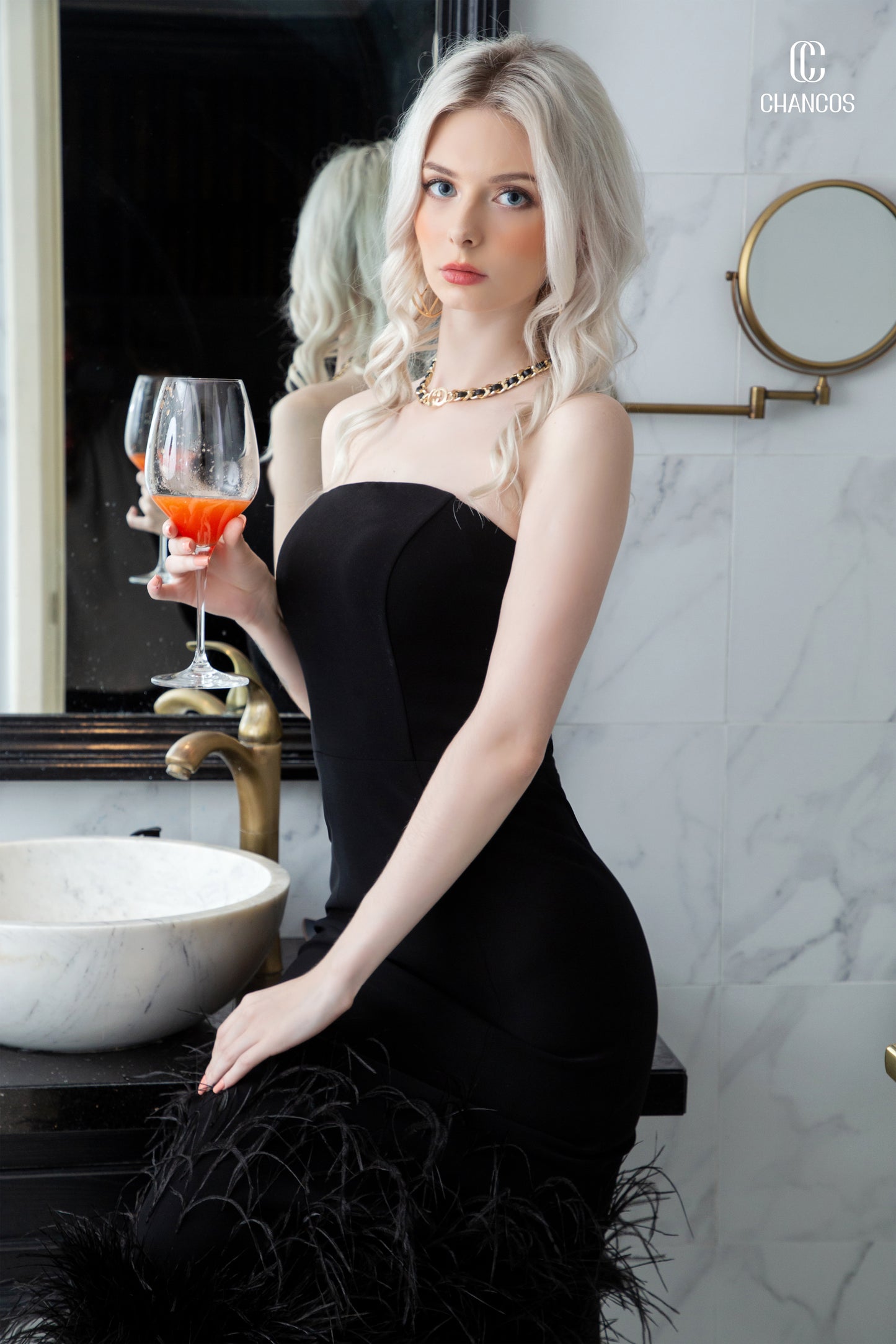Black Strapless Feather Trim Midi Dress