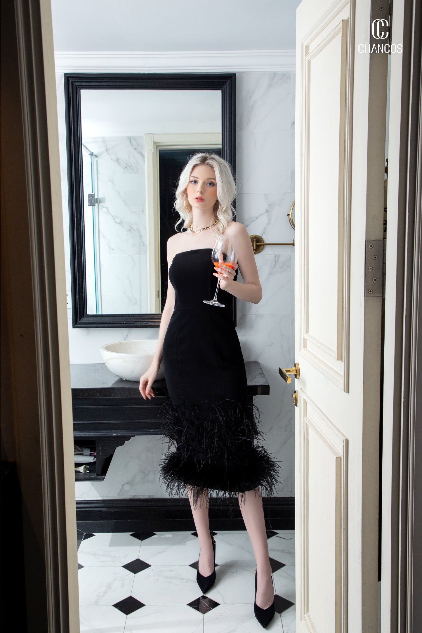 Black Strapless Feather Trim Midi Dress