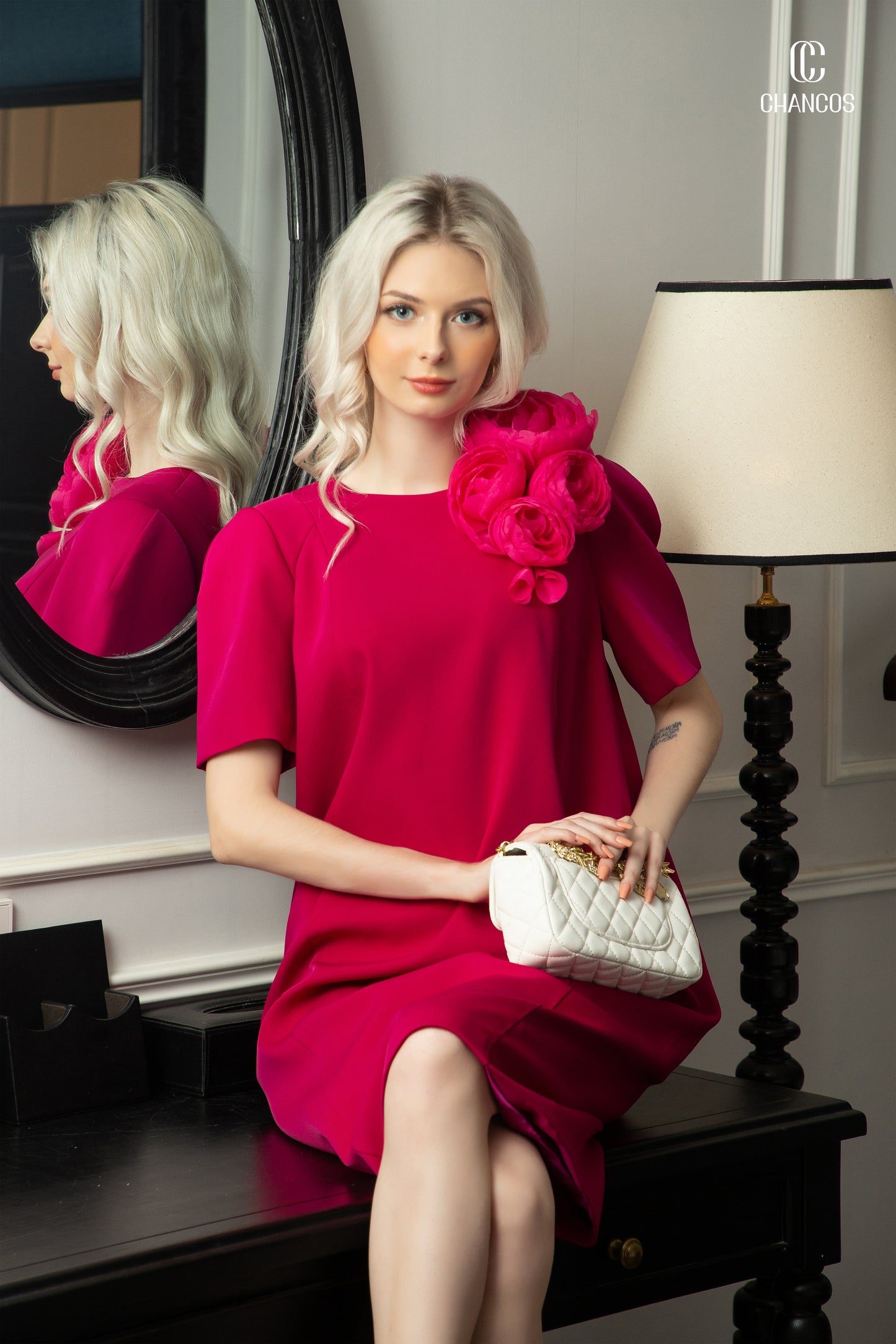Loose-Fit Fuchsia Dress with Floral Shoulder Detail