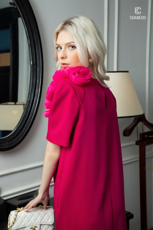 Loose-Fit Fuchsia Dress with Floral Shoulder Detail