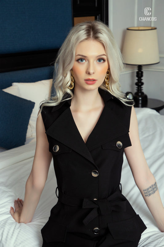 Sleeveless Black Button-Down Dress with Belted Waist