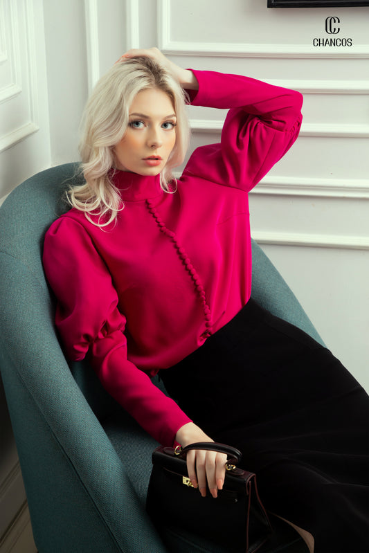 High-Neck Fuchsia Blouse with Puff Sleeves and Black Pencil Skirt
